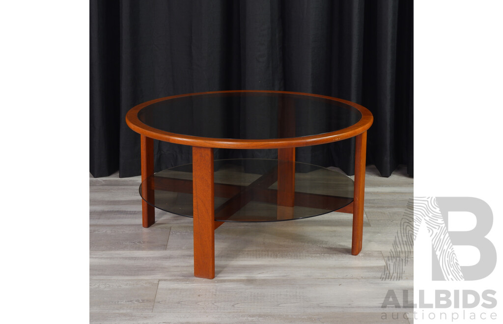 Vintage Teak Round Coffee Table with Smokey Glass Top