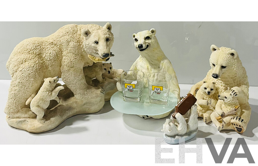 Collection of Polar Bear Figurines Including One with Additional Removable Glass Tray and Two Bundaberg Rum Glasses and More