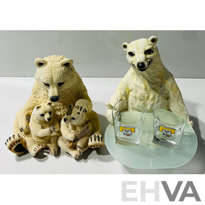 Collection of Polar Bear Figurines Including One with Additional Removable Glass Tray and Two Bundaberg Rum Glasses and More