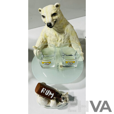 Collection of Polar Bear Figurines Including One with Additional Removable Glass Tray and Two Bundaberg Rum Glasses and More
