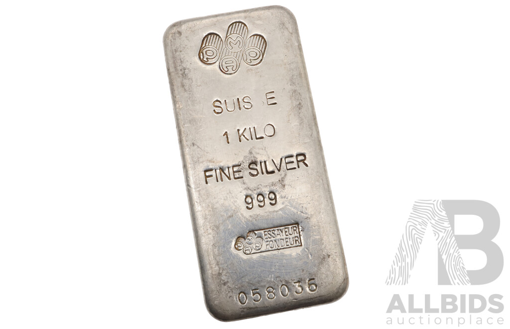 99.9% Silver Bullion Hallmarked PAMP Suisse 1 Kilo Fine Silver, 999 Essayeur Fondeur No. 058036, Weighs 1000 Grams