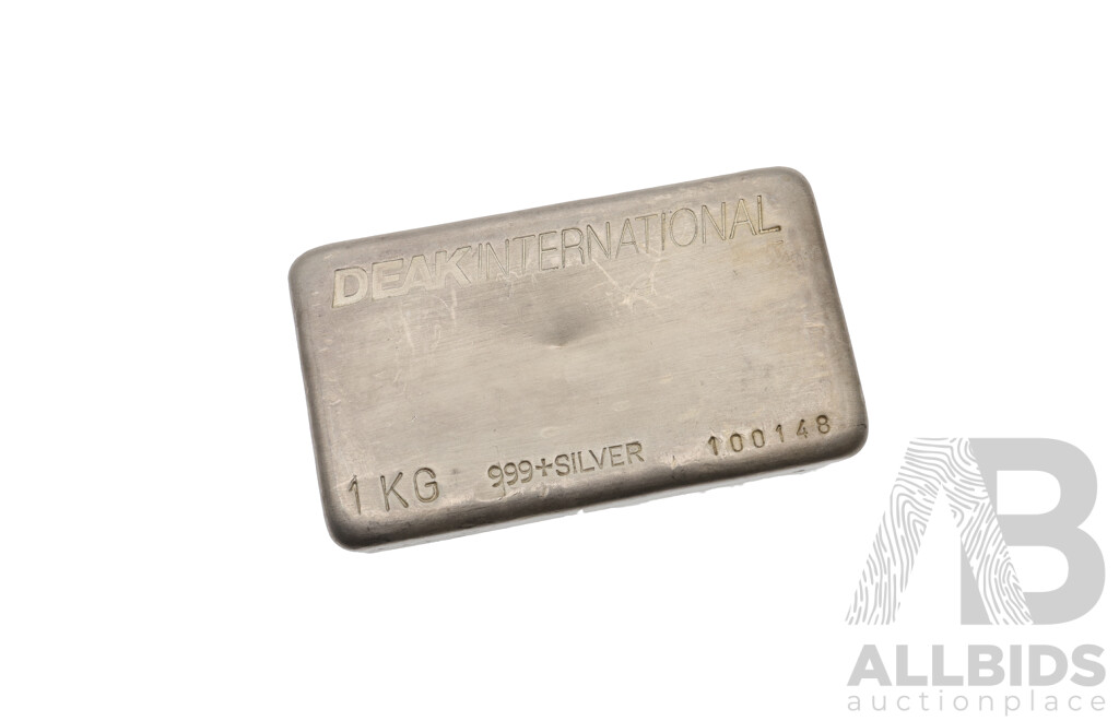 99.9% Silver Bullion Hallmared DeakInternational 1KG 999+SILVER No. 1000148, Weighs 1000 Grams