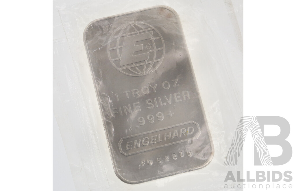 99.9% Silver Bullion Hallmarked 1 Troy Oz Fine Silver 999+ Engelhard No. FO82279, 31.103 Grams