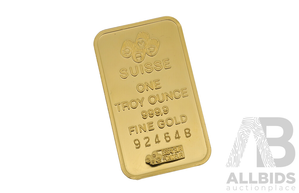 99.9% Fine Gold Bullion, PAMP Suisse One Troy Ounce 999.9 Fine Gold No. 925648, Weighs 31.12 Grams