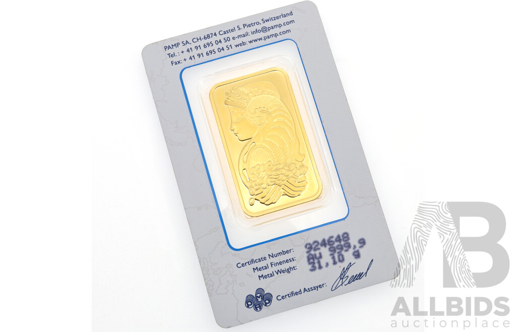 99.9% Fine Gold Bullion, PAMP Suisse One Troy Ounce 999.9 Fine Gold No. 925648, Weighs 31.12 Grams