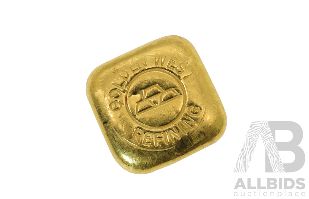 99.9% Gold Bullion, Small Square Bullion Issued by Golden West Refining Corp 9999, 1 OZ, Weighs 31.21 Grams