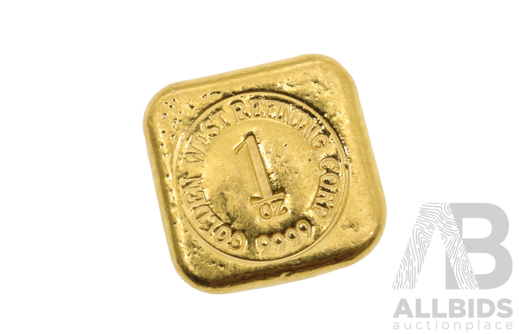 99.9% Gold Bullion, Small Square Bullion Issued by Golden West Refining Corp 9999, 1 OZ, Weighs 31.21 Grams