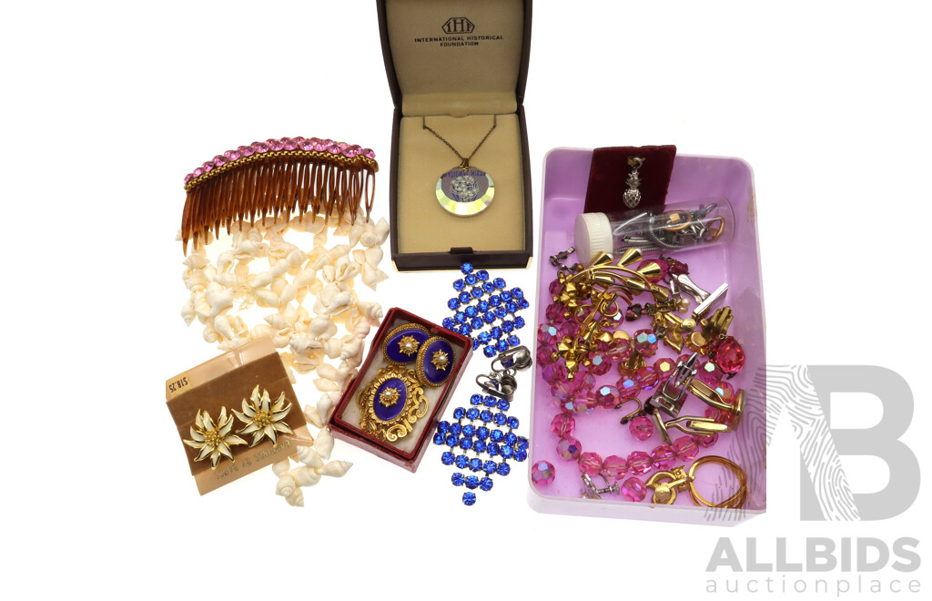 Vintage Lavender Plastic Box Full of Vintage Jewellery Items Including Gold Plated Brooch & Earrings Set in Original Red Prouds Box