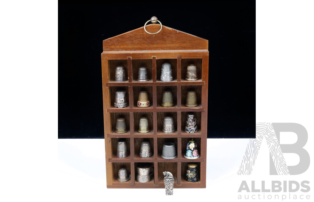 Collection Vintage Thimbles Including Six Sterling Silver Examples, Cloisonne Examples and More, All in Wooden Display Case