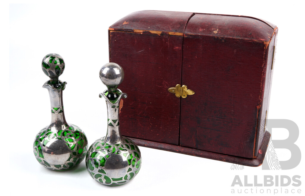 Antique Green Glass Decanters and Stoppers with Pierced Silver Plate Covering in Original Case