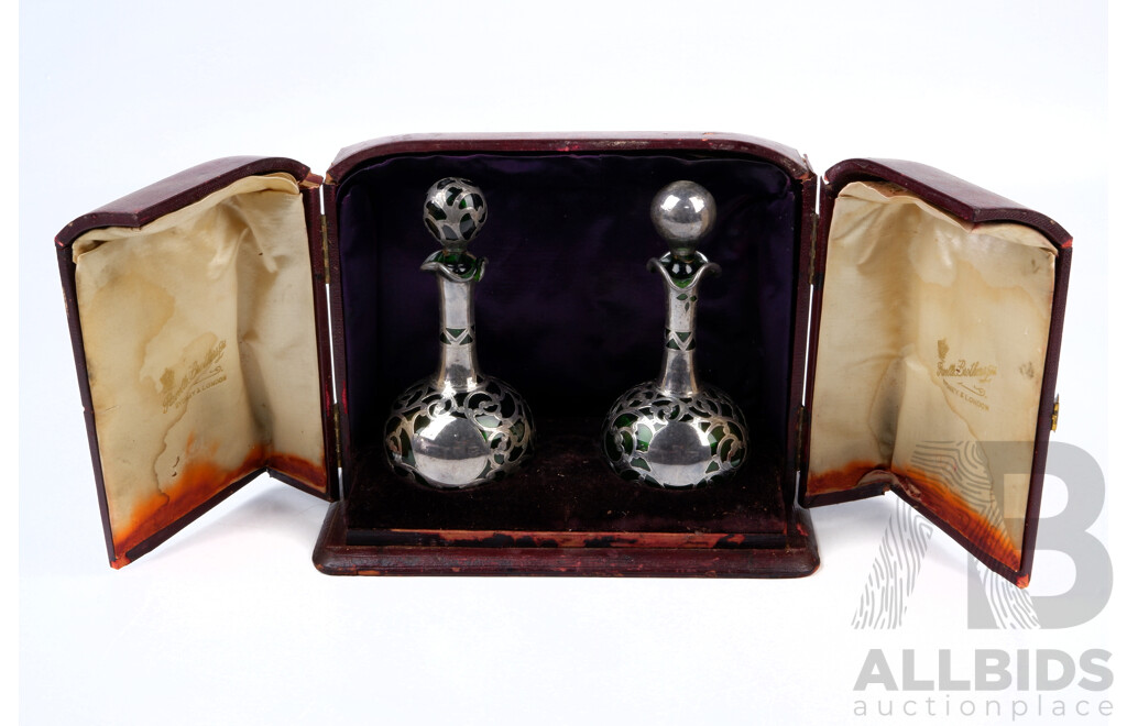 Antique Green Glass Decanters and Stoppers with Pierced Silver Plate Covering in Original Case