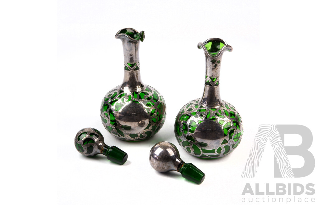 Antique Green Glass Decanters and Stoppers with Pierced Silver Plate Covering in Original Case