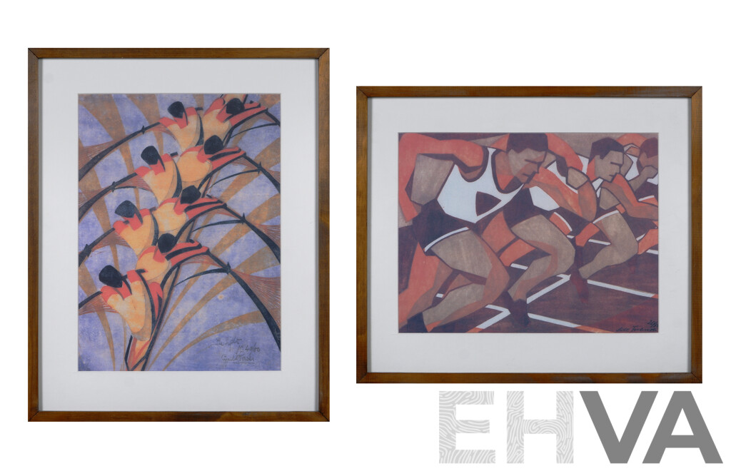 Cyril E. Power (British 1872-1951), the Eight, 1930, and Lill Tschudi (Swiss 1911-2004), Just Off, 1932, Reproduction Prints of Original Linocuts (2)