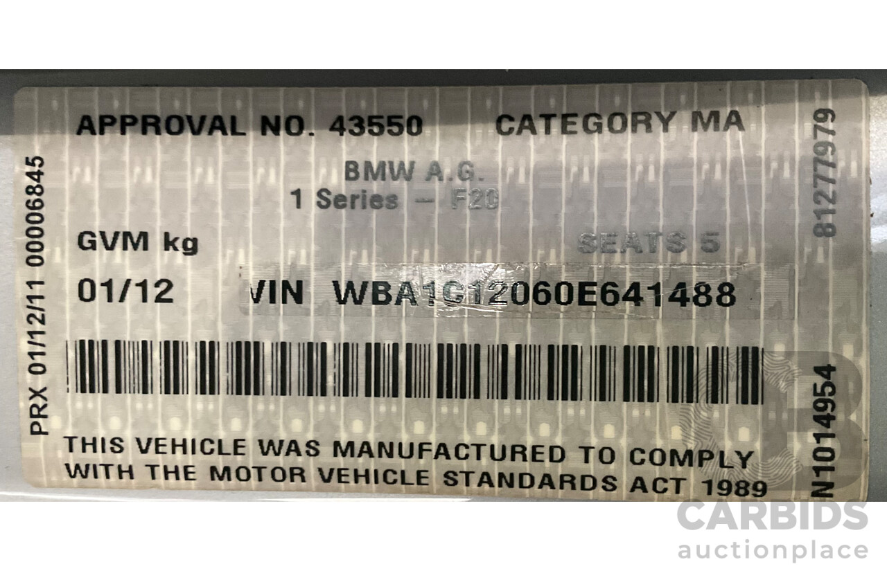 1/2012 BMW 118d Sportline F20 5d Hatchback Metallic Silver Turbo Diesel 2.0L