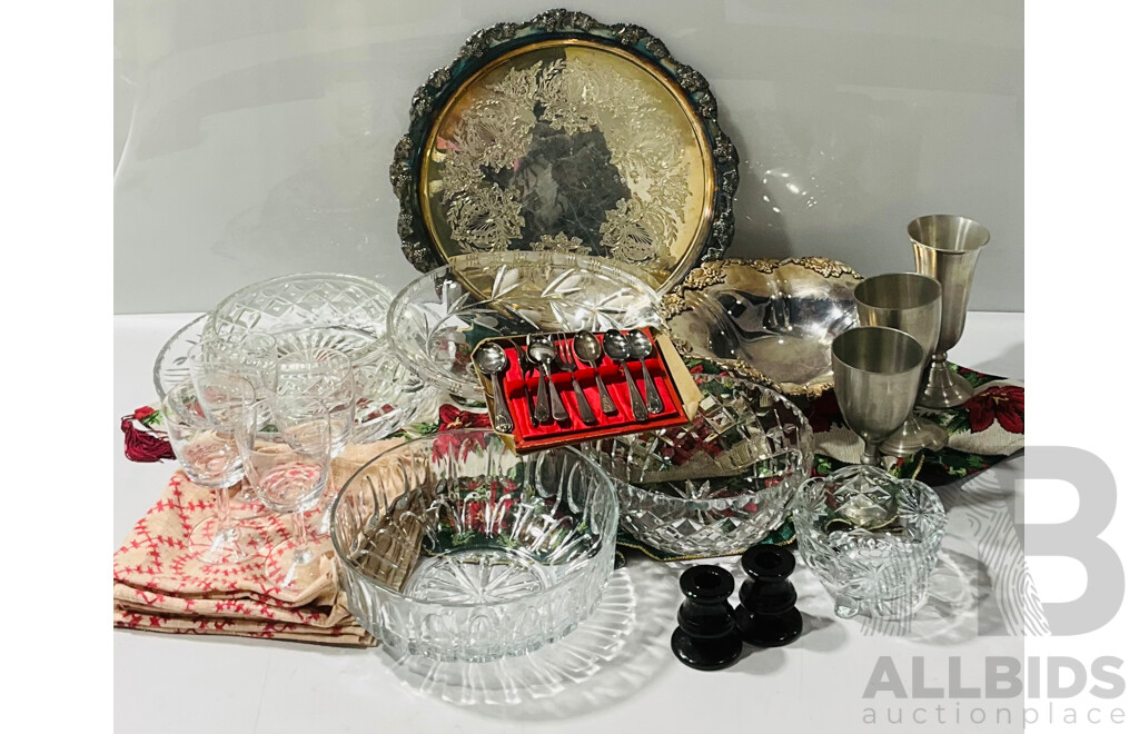 Collection of Silver Plated Trays, Crystal Bowls, Pewter Goblets and More
