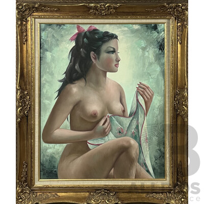 Large Framed Oil Painting of a Seated Nude, Signed 'Parino'