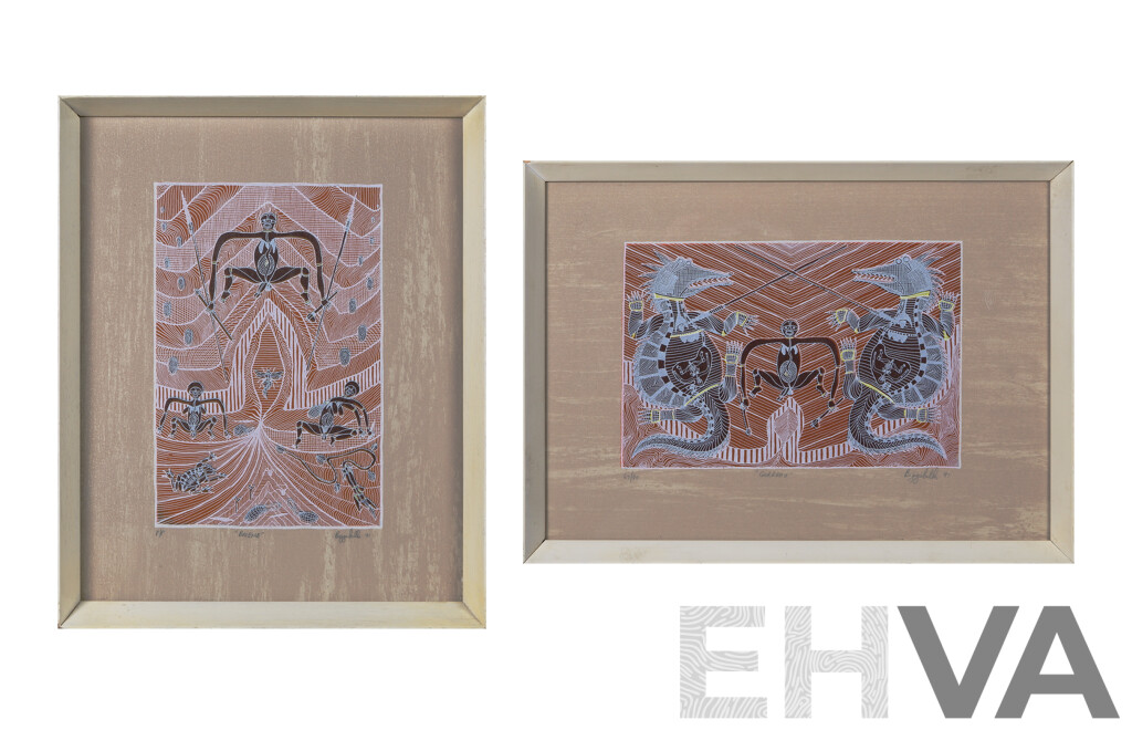 Graham Rennie Biggibilla (20th Century, Indigenous-Australian, Working c1980-90), Gurreah and Baieme, Pair of Silkscreens, 24 x 16 cm and 16 x 24 cm (images) (2)