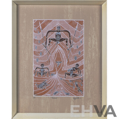 Graham Rennie Biggibilla (20th Century, Indigenous-Australian, Working c1980-90), Gurreah and Baieme, Pair of Silkscreens, 24 x 16 cm and 16 x 24 cm (images) (2)