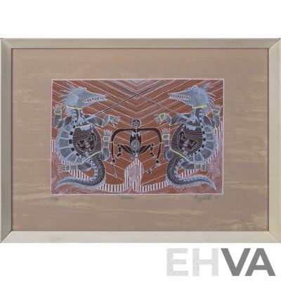 Graham Rennie Biggibilla (20th Century, Indigenous-Australian, Working c1980-90), Gurreah and Baieme, Pair of Silkscreens, 24 x 16 cm and 16 x 24 cm (images) (2)