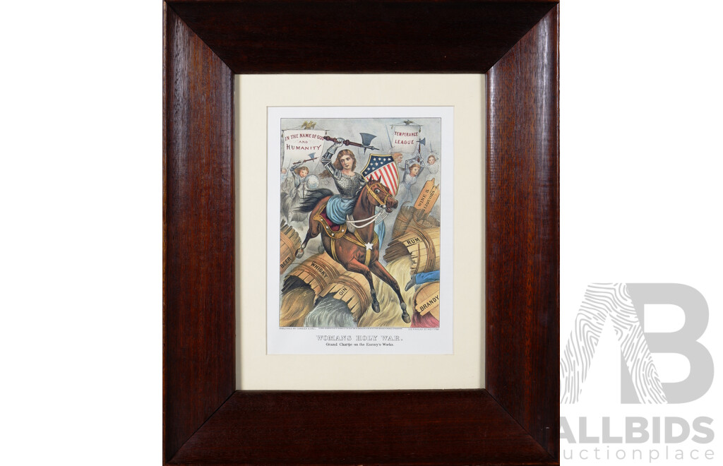 Currier and Ives, (New York,1835-1907), Woman's Holy War (Grand Charge on the Enemy Works), American Temperance League, (1874), Print of Original Hand Coloured Lithograph, 53.5 x 45.5 cm (frame)