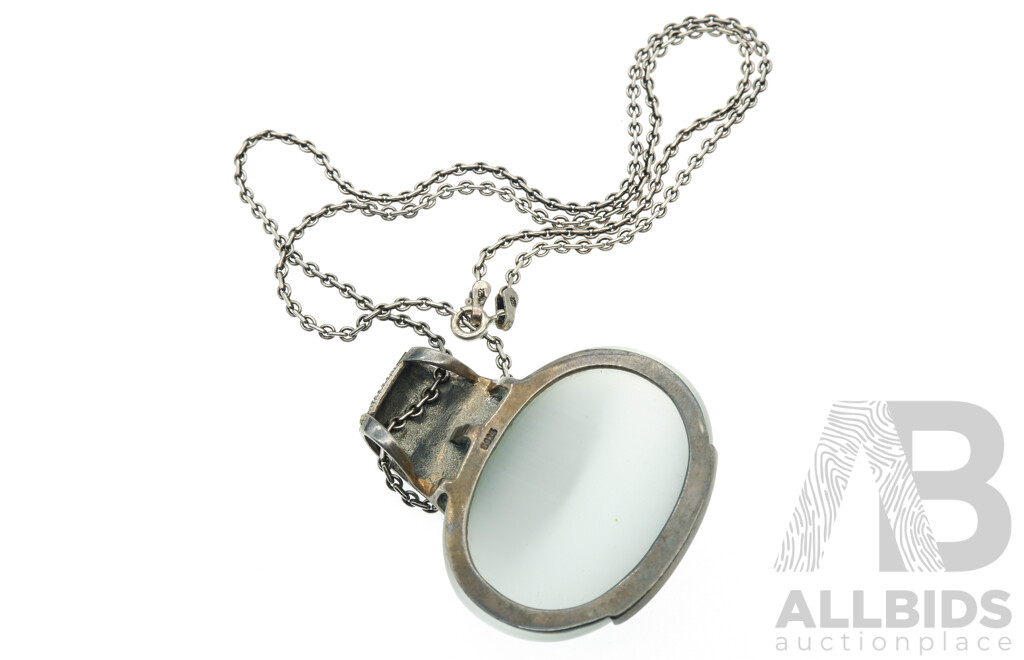 Sterling Silver Moonstone Cabochon & Marcasite Pendant, 45mm on a SS Fancy Link Chain, 45cm, 28.58 Grams