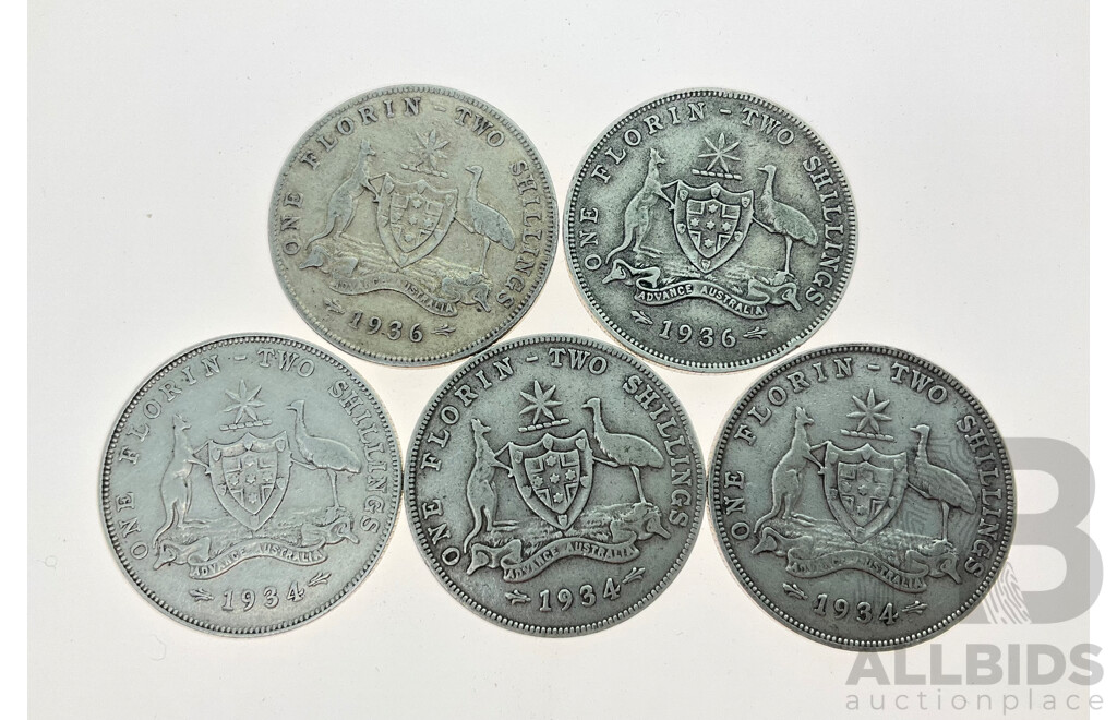 Australian 1934(3) and 1936(2)KGV Silver Florins .925