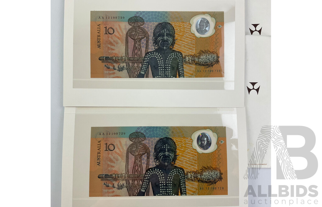 Two Australian 1988 UNC Ten Dollar Notes, Fraser/Johnston, Bicentennial, Consecutive AA 12109729 - AA 12109730