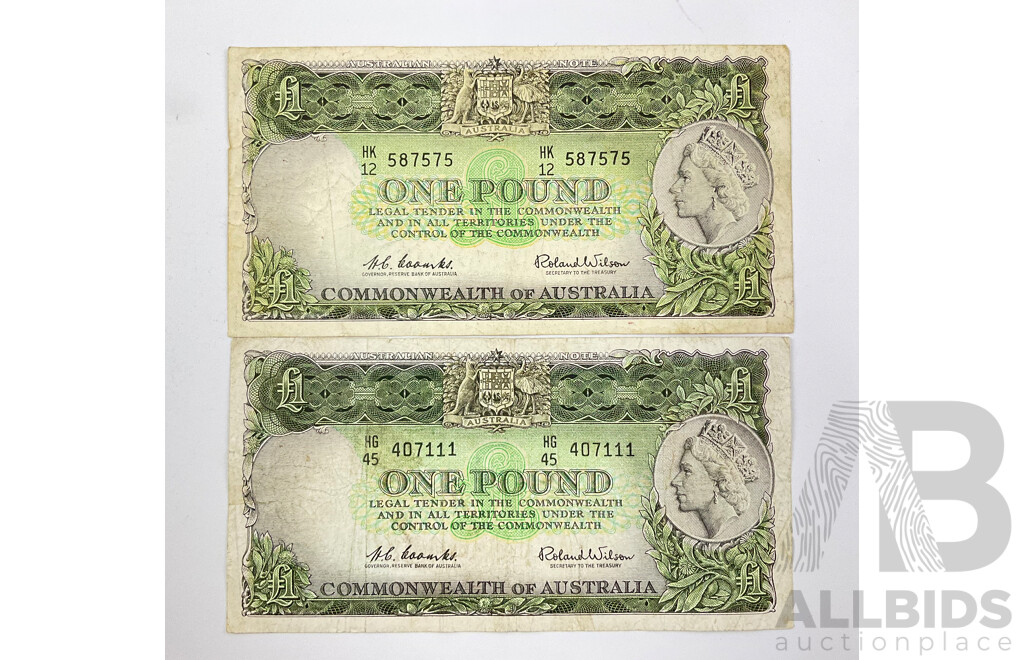 Two Australian One Pound Notes, Coombs/Wilson, HK12 and HG45