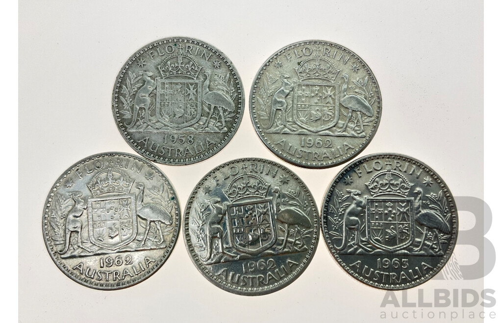 Five Australian QE2 Silver Florins, 1958, 1962(3) 1963