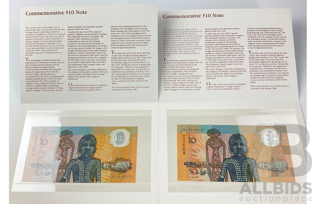 Australian 1988 Commemorative Ten Dollar UNC Notes, Consecutive AA 12109727 - AA 12109728