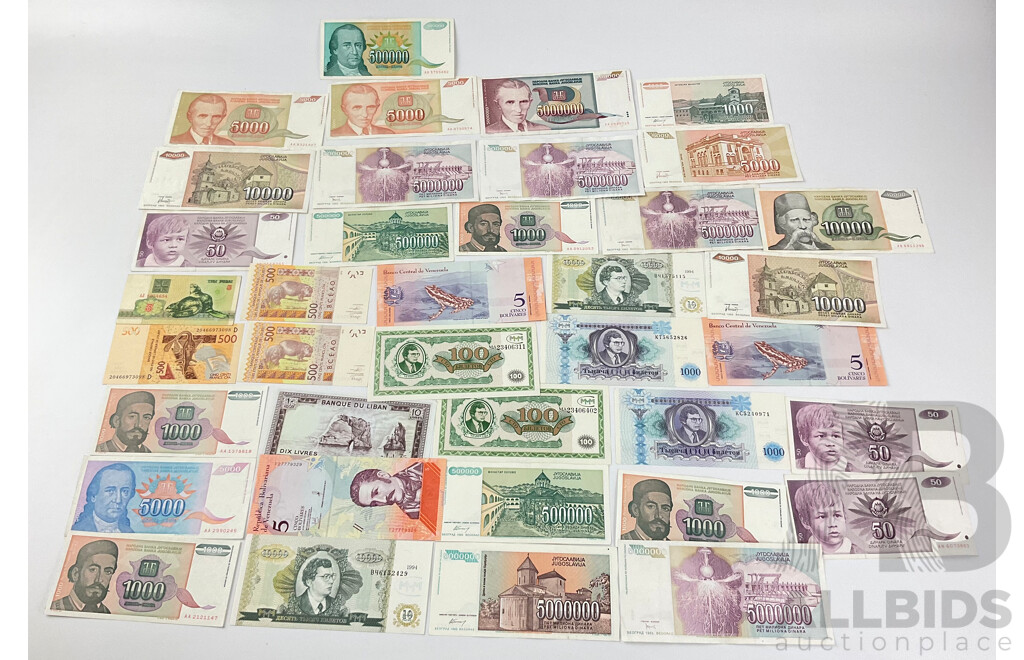 Collection of International Paper Bank Notes Including Venezuela, Yugoslavia, Russia