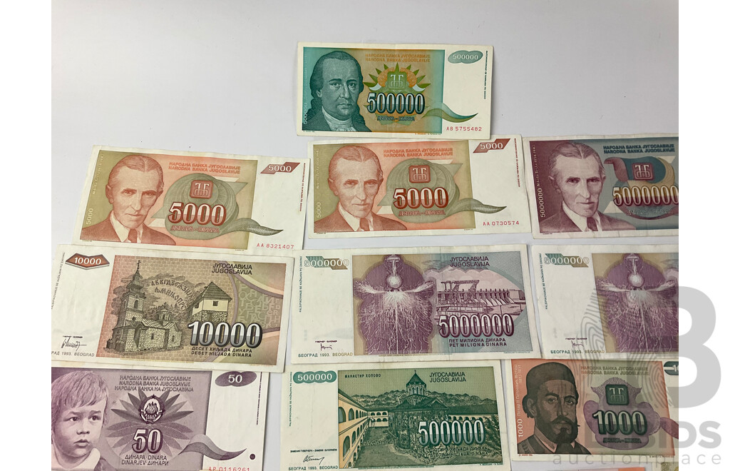 Collection of International Paper Bank Notes Including Venezuela, Yugoslavia, Russia