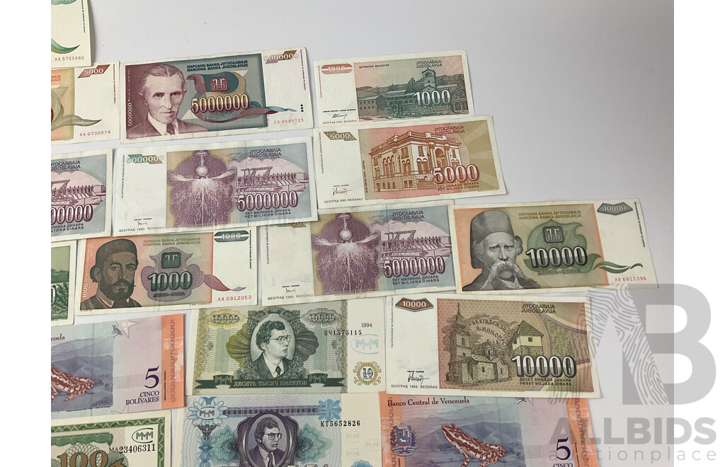 Collection of International Paper Bank Notes Including Venezuela, Yugoslavia, Russia