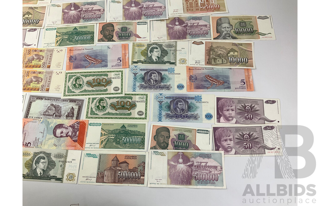 Collection of International Paper Bank Notes Including Venezuela, Yugoslavia, Russia