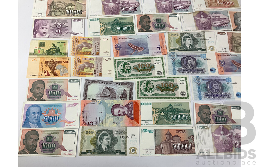 Collection of International Paper Bank Notes Including Venezuela, Yugoslavia, Russia