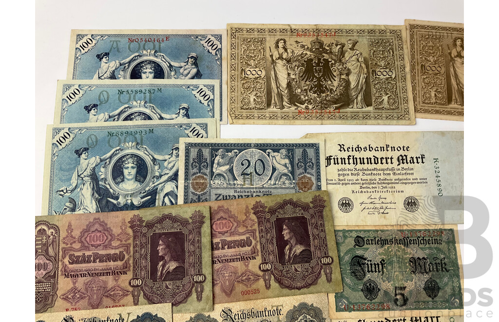 Collection of Antique German and Hungarian Paper Bank Notes