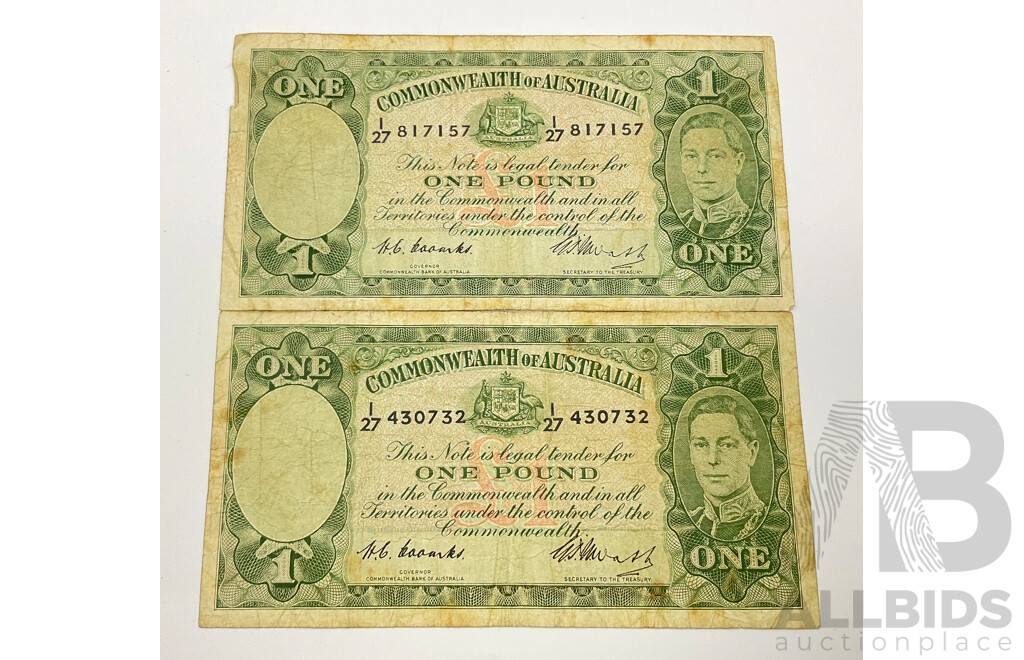 Two Australian One Pound Notes, Coombs/Watt I27 430732 - I27 817157