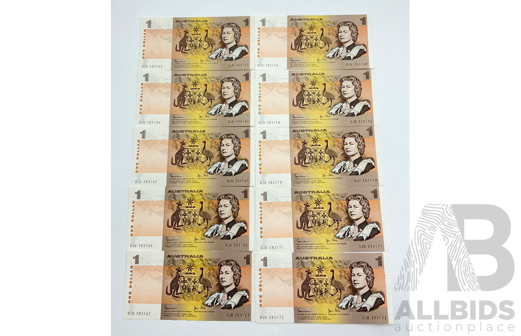 Ten Australian 1982 One Dollar Bank Notes, Consecutive Johnston/Stone DJU 583163 - DJU 583172