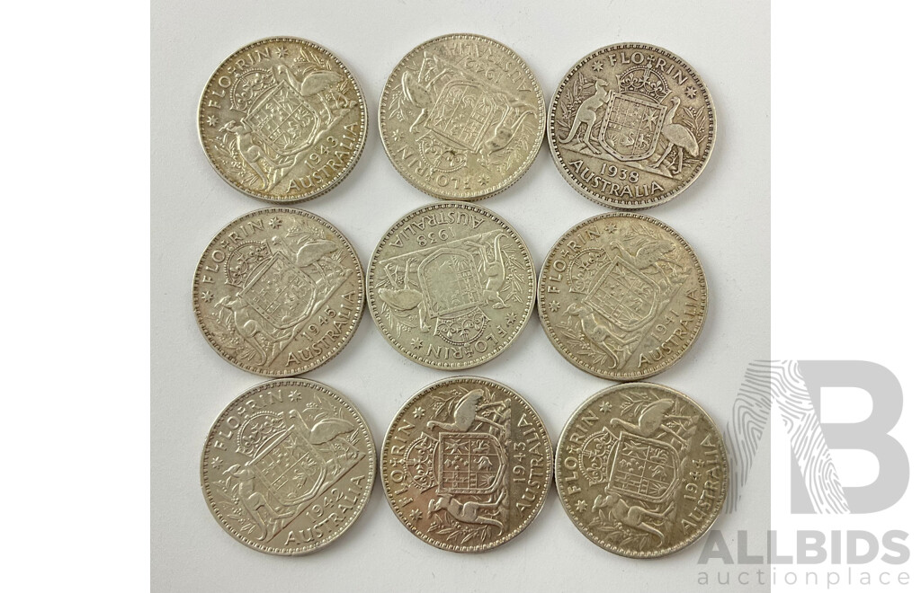 Nine Australian Pre 1946 KGVI Silver Florin Coins Including 1944 San Fransisco Mint .925