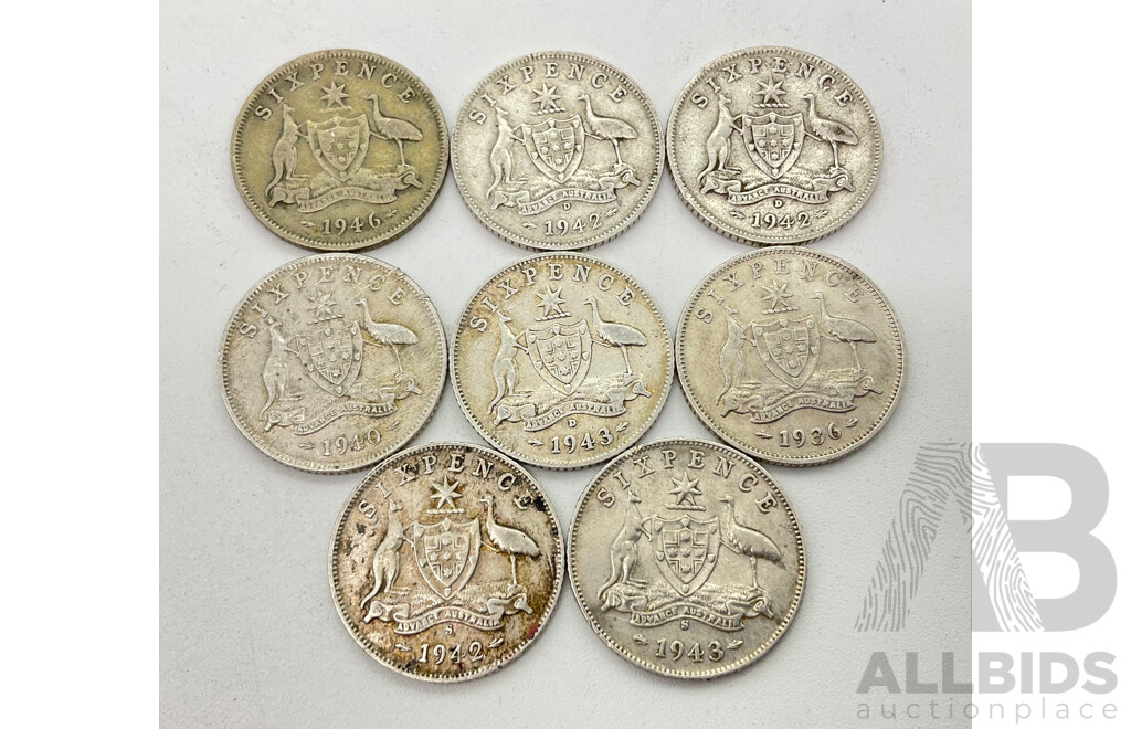 Eight Australian  KGV and KGVI Silver Sixpence Coins Including 1942/43 Denver Mint and  1942/43 San Fransisco Mint