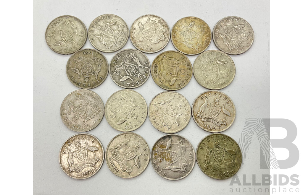 Seventeen Australian QE2 Silver Sixpence Coins .500