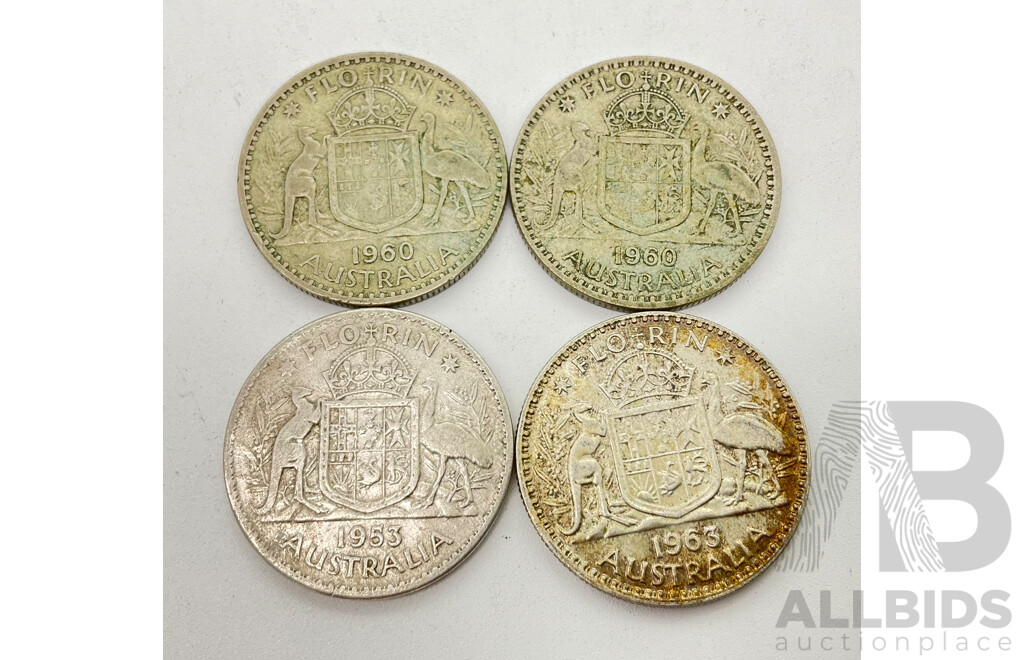 Four Australian QE2 Silver Florin Coins .500