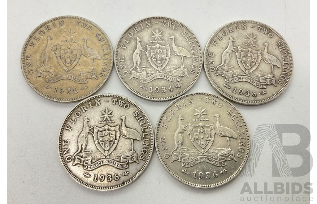 Five Australian KGV Silver Florin Coins 1934 and 1936(4) .925