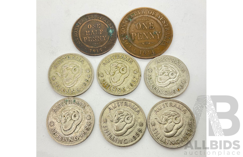 Australian Predecimal Coins Including Six QE2 Shillings and 1915 Half Penny and 1914 Penny