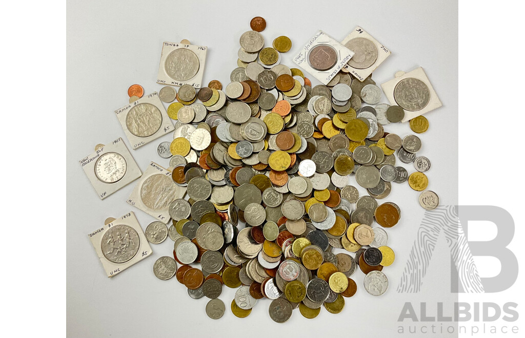 Collection of World Coins Including Samoa, Greece, Malaysia, France, Tonga, Hong Kong and More - Approximately Two Kilograms