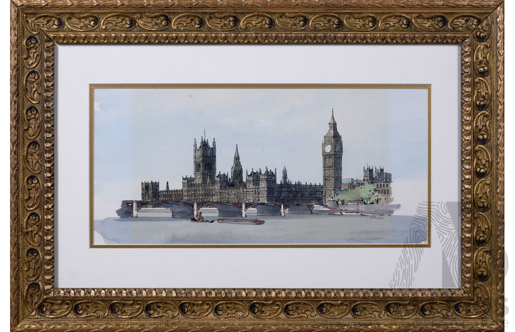 Paul Bisson, (20th Century, British, 1938-), Houses of Parliament, UK, Hand Printed Silkscreen with Wash, 35.5 x 53 cm (frame)