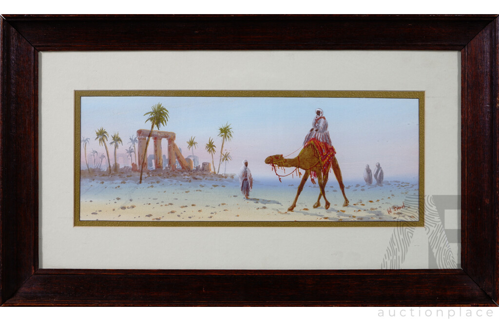 W. Shaw, Camel and Bedouins in the Egyptian Desert, Watercolour on Card, 30.5 x 52 cm (frame)