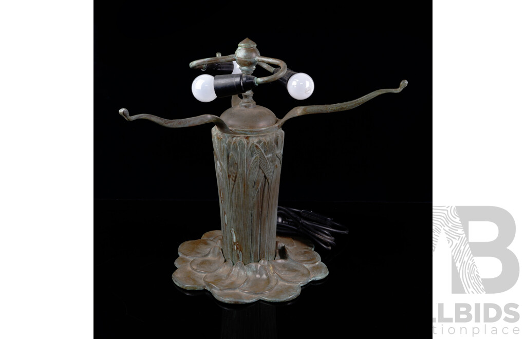 Vintage Bronze Lamp Base with Iris Theme and Three Arms