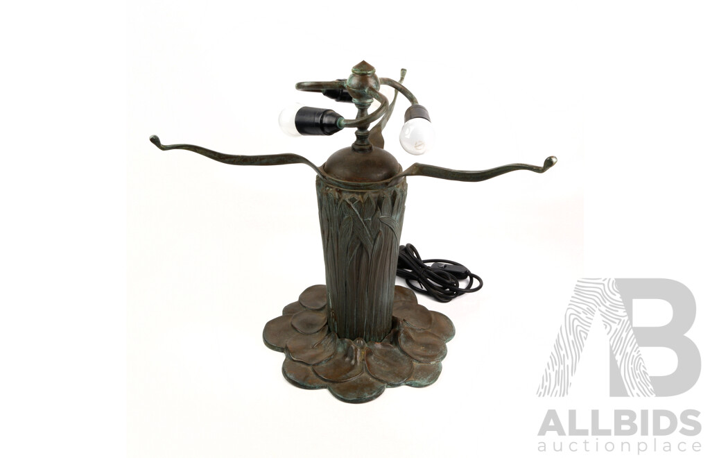 Vintage Bronze Lamp Base with Iris Theme and Three Arms