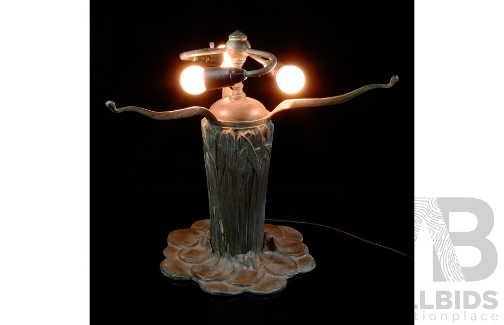 Vintage Bronze Lamp Base with Iris Theme and Three Arms